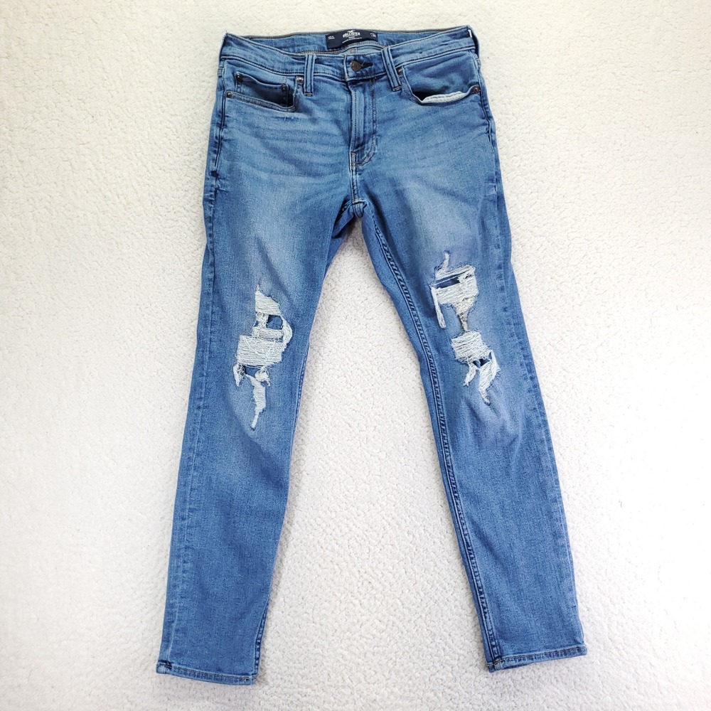 Hollister Mens Skinny Advanced Stretch Distressed‎ Ripped Jeans Blue 31x30
